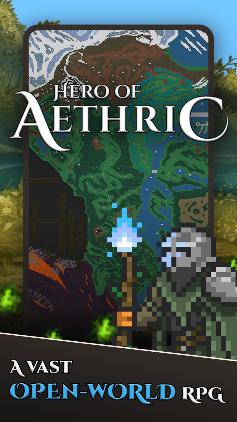 The open world map and a pixel art hero in Hero of Aethric